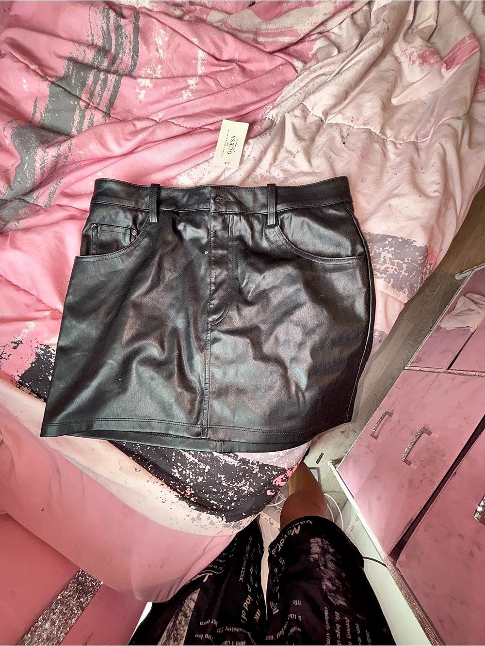 GUESS Rozen PU Mini Skirt Black Size Medium